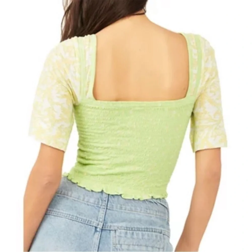 Free People Marigold Top Key Lime Combo Floral Smocked Cropped Size Medium